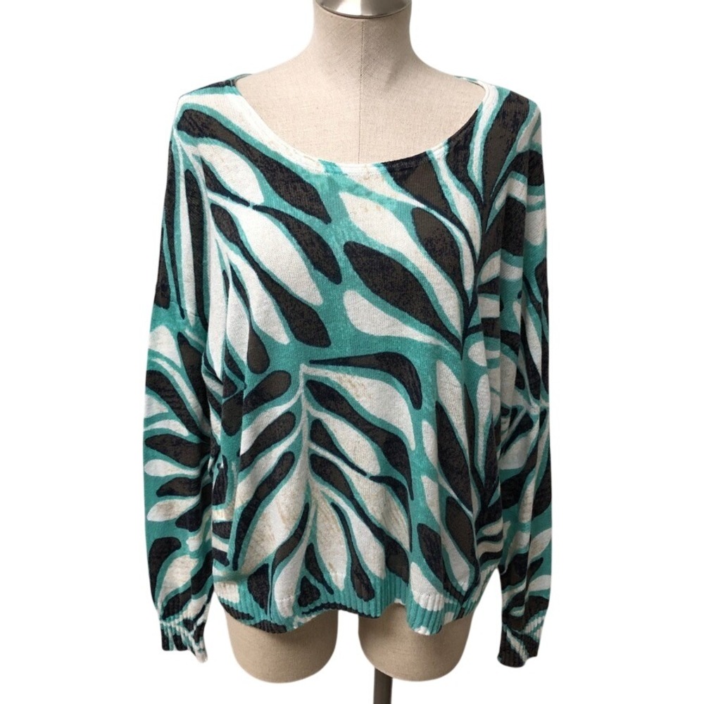 NIC+ZOE Sweater Womens 1X Plus Teal White Black Leaf Print Scoop Neck Cotton